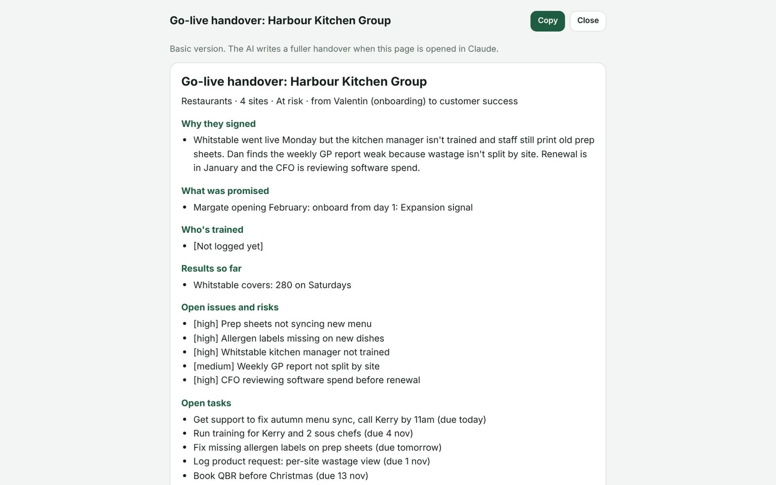 Go-live handover from onboarding to customer success
