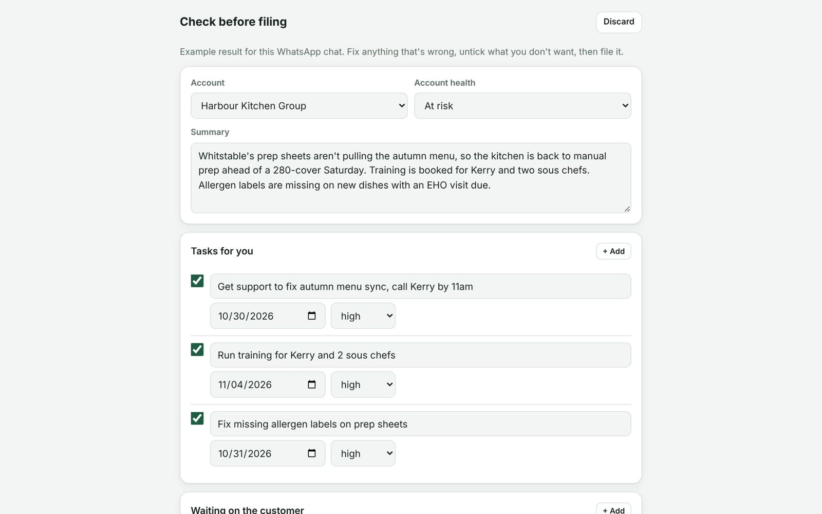 Check before filing screen with summary, tasks and items to close