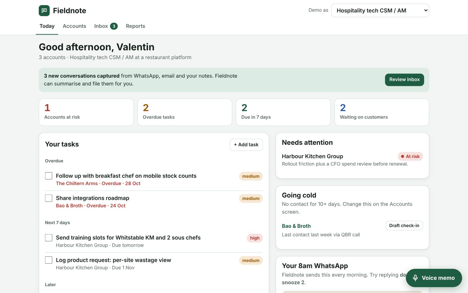 Fieldnote Today screen with tasks, accounts at risk and the 8am WhatsApp