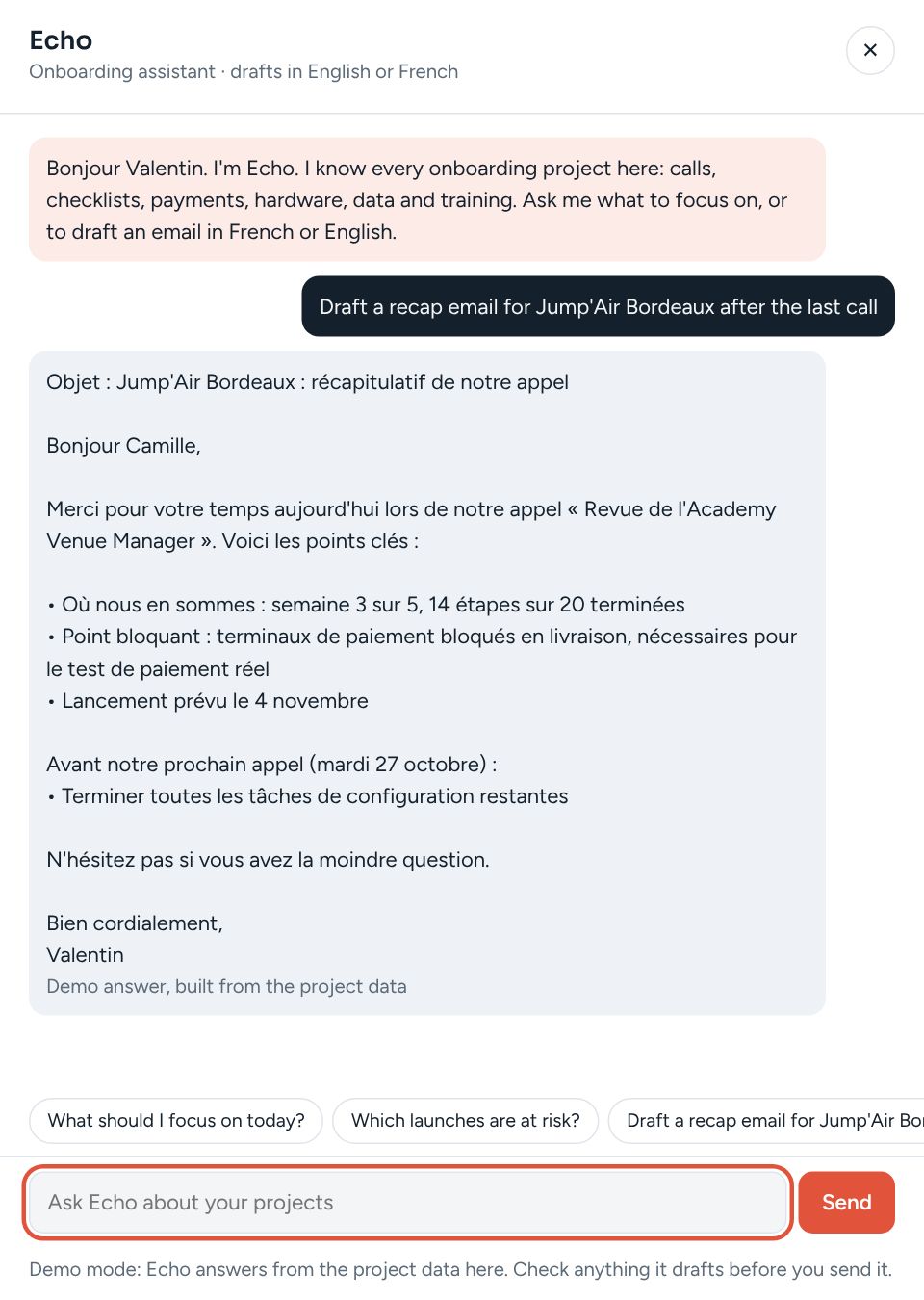 Echo drafting a call recap email in French
